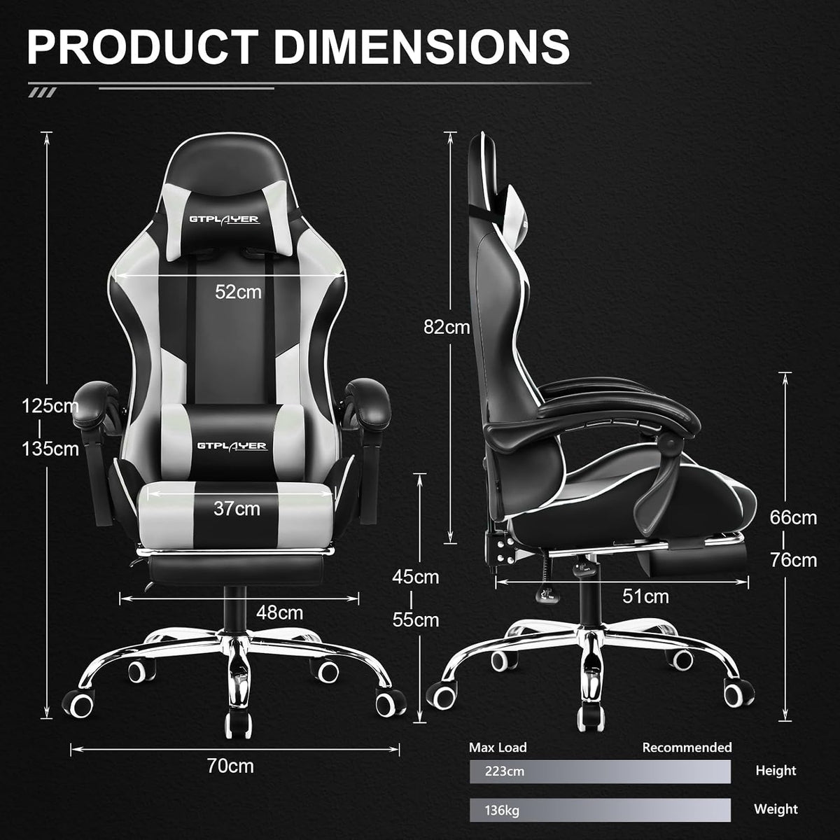 Gaming Chair, Massage Computer Chairs Adjustable Ergonomic 360° White