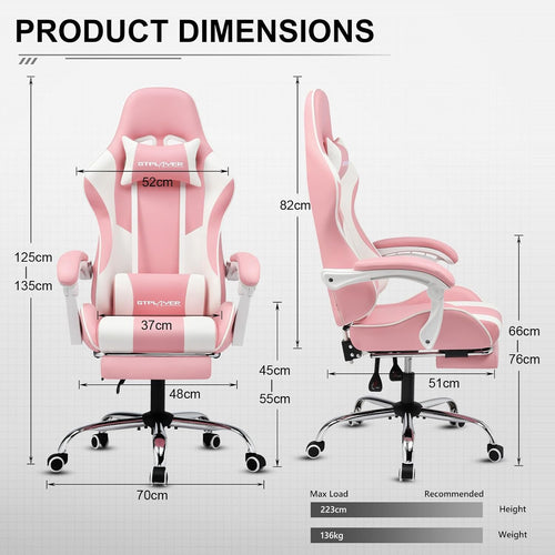 Gaming Chair, Massage Computer Chairs Adjustable Ergonomic 360° Pink