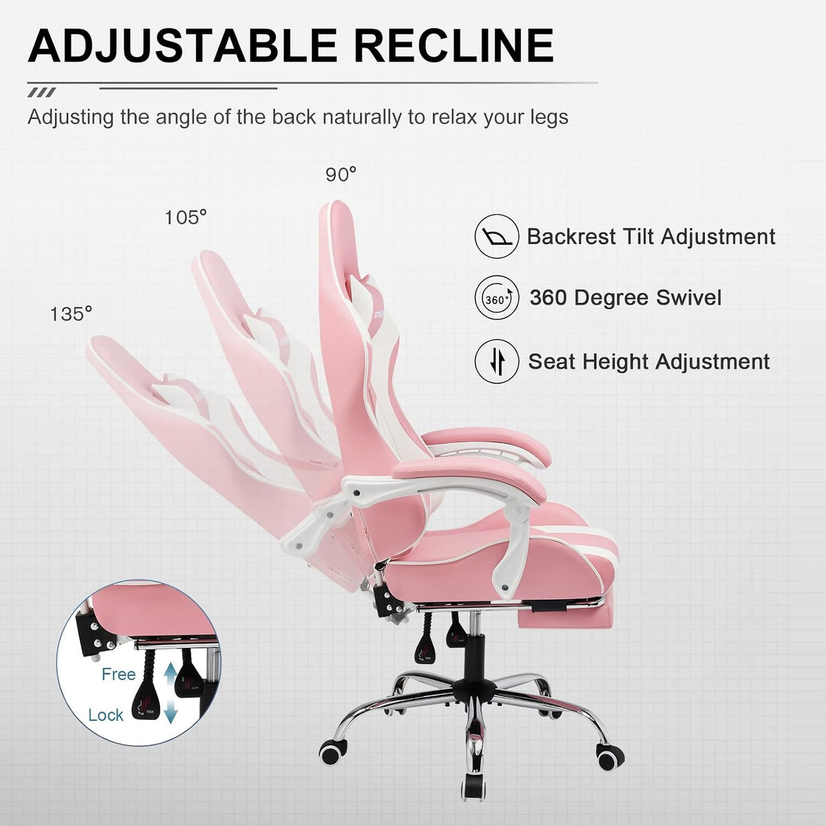 Gaming Chair, Massage Computer Chairs Adjustable Ergonomic 360° Pink